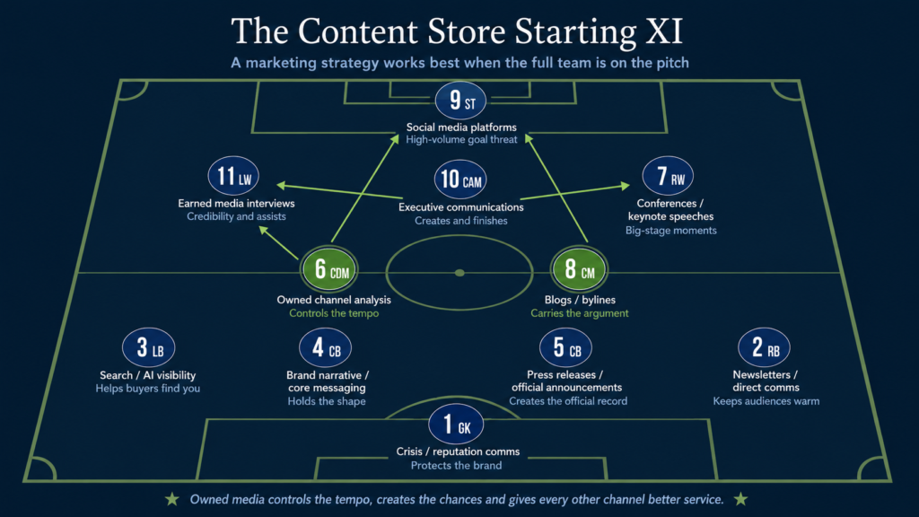 Football pitch graphic showing The Content Store Starting XI, mapping marketing channels to football positions in a full-team content strategy.