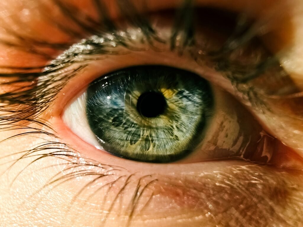 Macro photograph of a human eye showcasing intricate iris patterns and vivid colors.